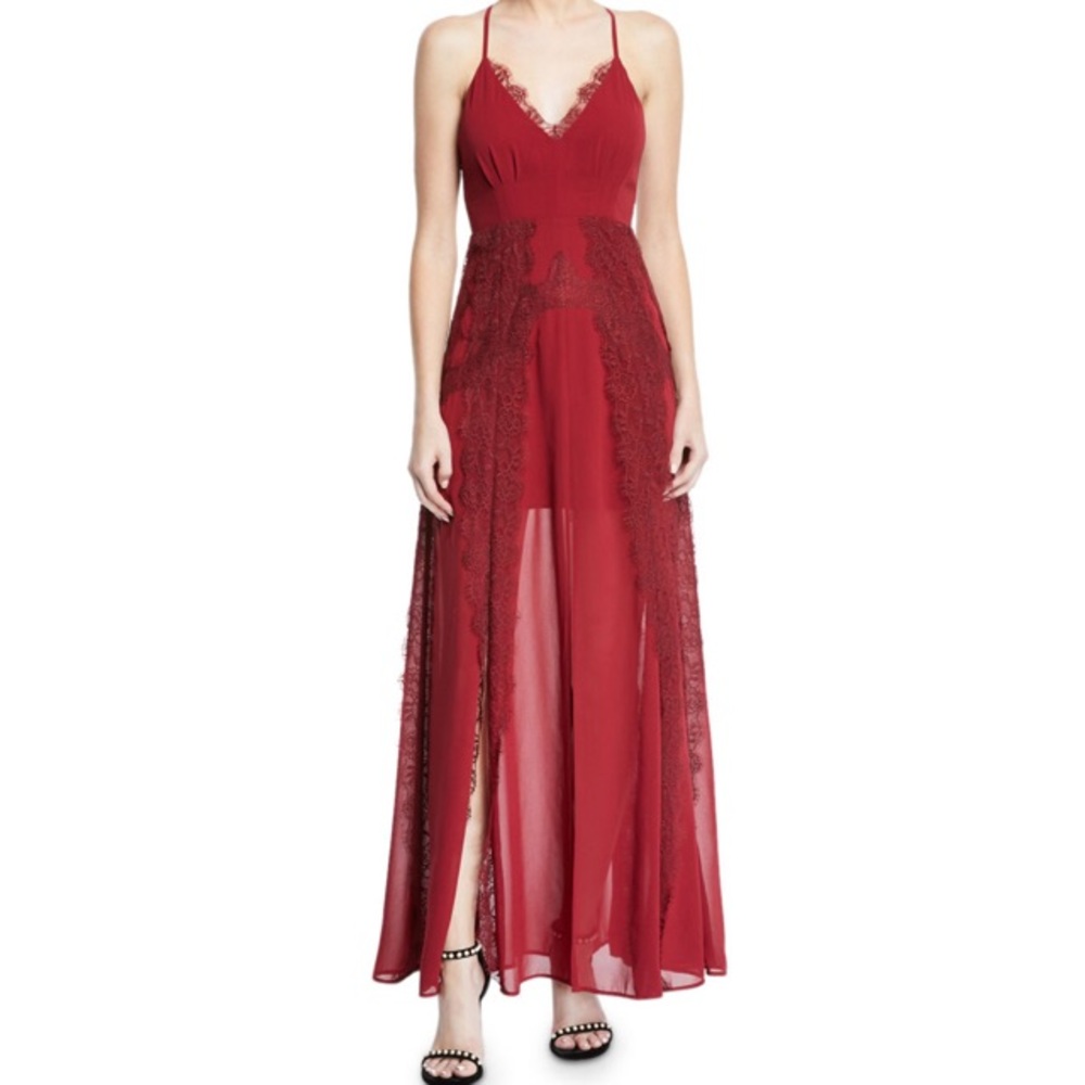 Aijek Plum Maroon Chiffon Lace Maxi Dress